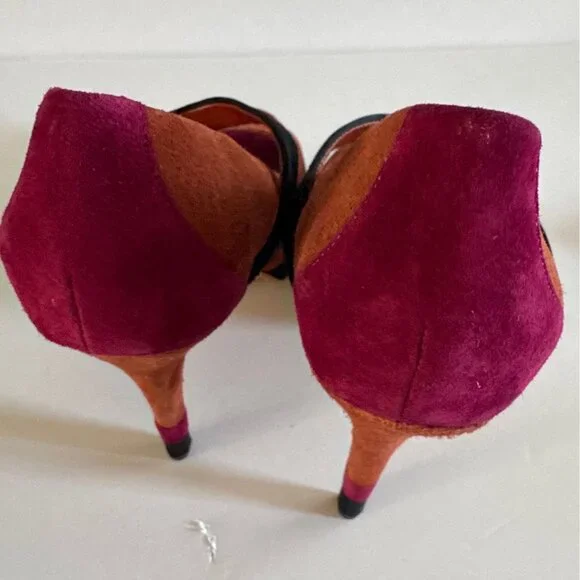Women’s Suede Peep Toe Heels Size 8.5 M Orange Black Pink Color block Formal - Picture 10 of 14